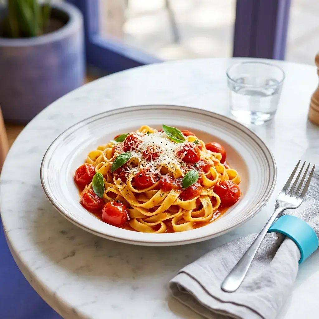 Bright sharp food photo of pasta on table