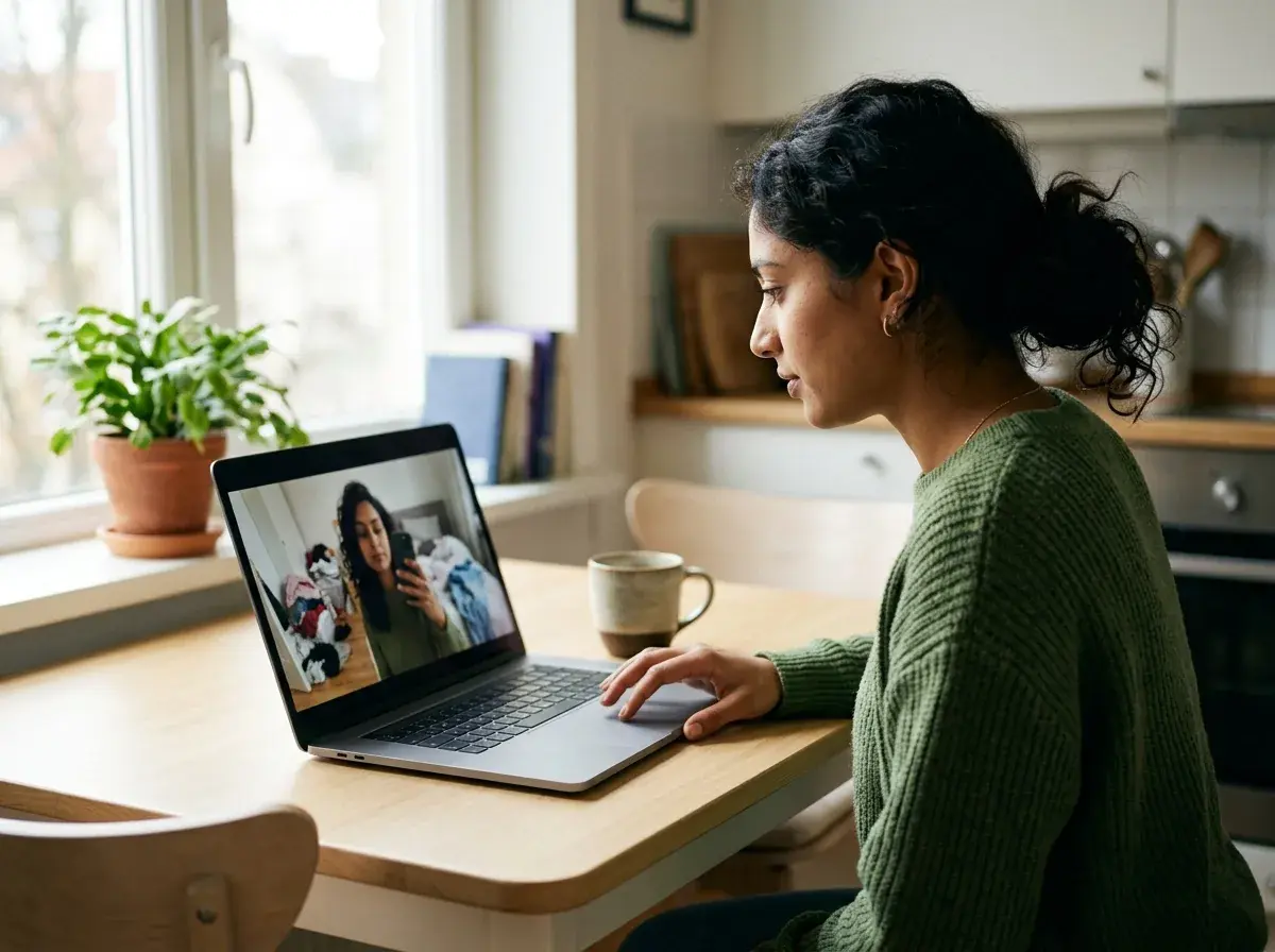 Woman uploading an unedited selfie on a laptop at her kitchen table