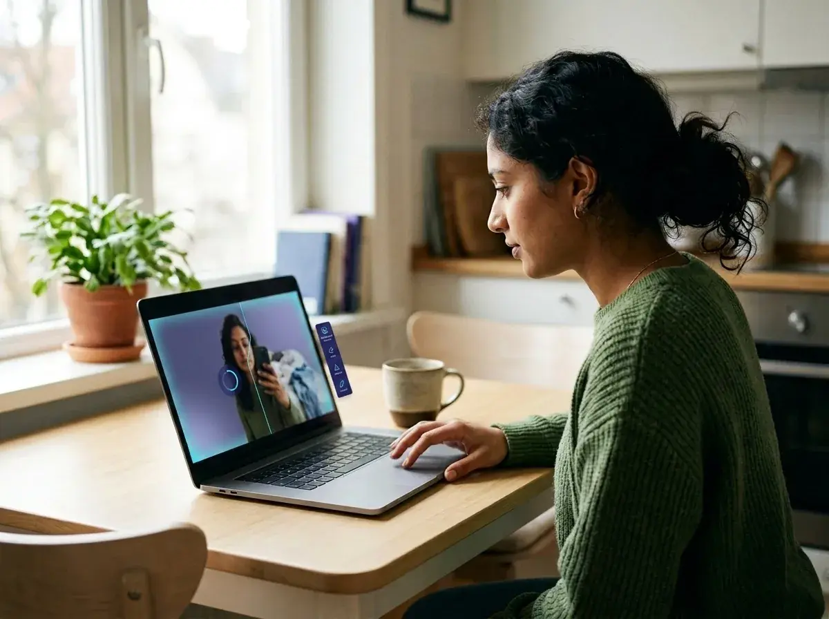Same woman applying edits to improve her selfie on the same laptop