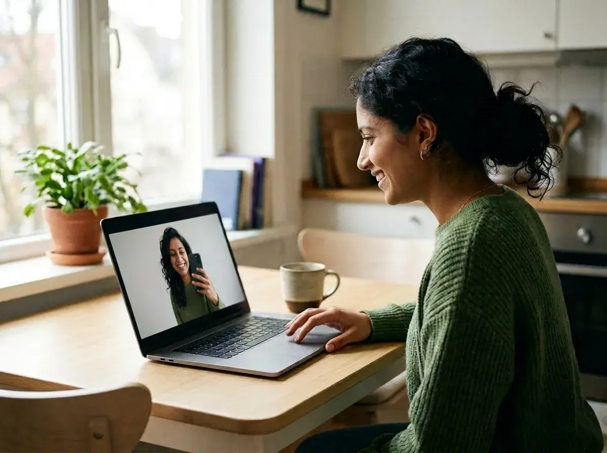 Woman viewing a finished polished selfie on her laptop after editing